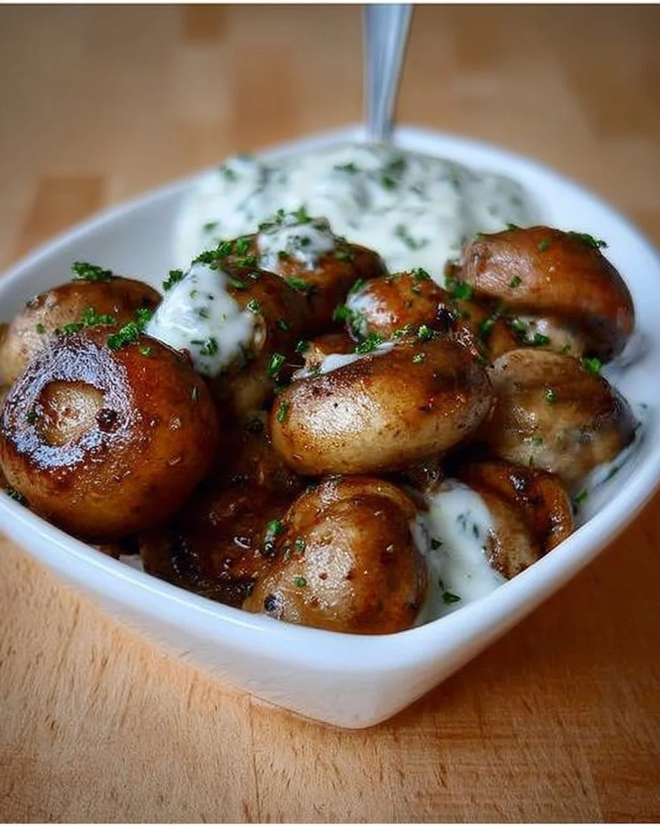 Leckere Champignons mit Knoblauchsoße, traditionell wie vom Jahrmarkt zubereitet.