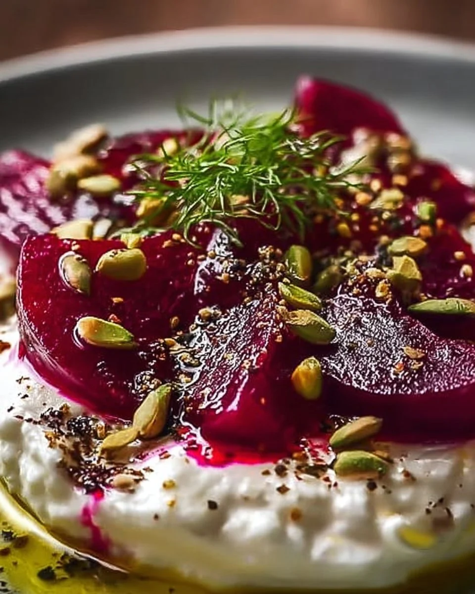 Cremiger geschlagener Feta mit marinierten Rote Bete auf einem Teller.