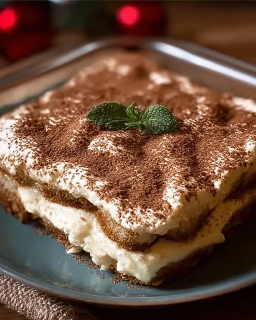 Eierlikör-Tiramisu mit Mascarpone auf einem eleganten Dessertteller serviert