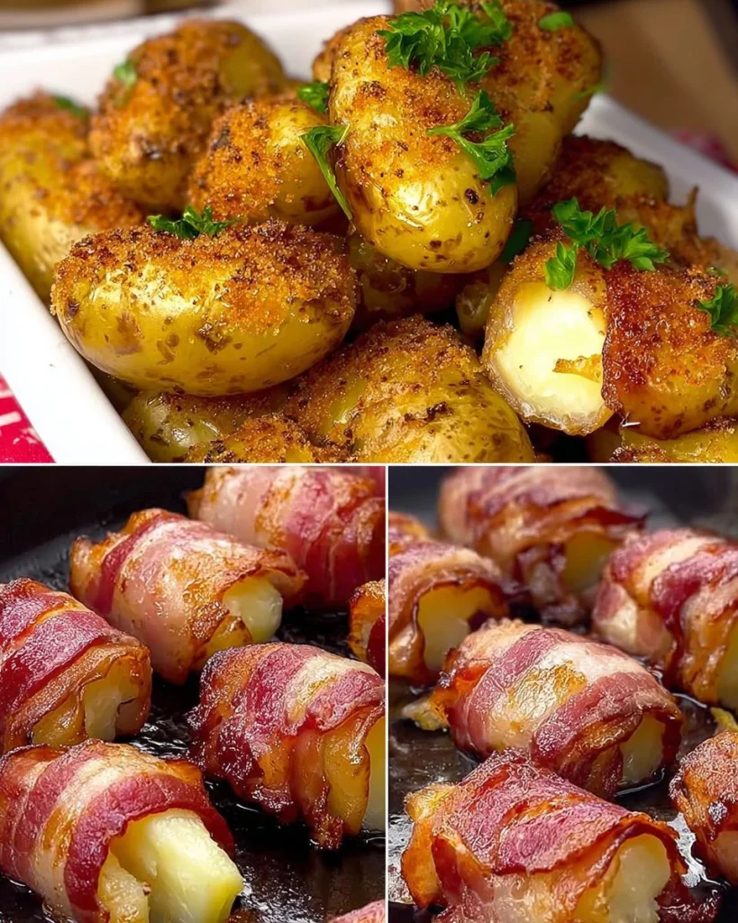 Eingewickelte Kartoffeln mit Speck auf einem Teller serviert