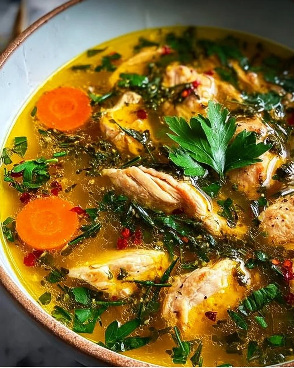 Schüssel mit entzündungshemmender Kurkuma-Hühnersuppe