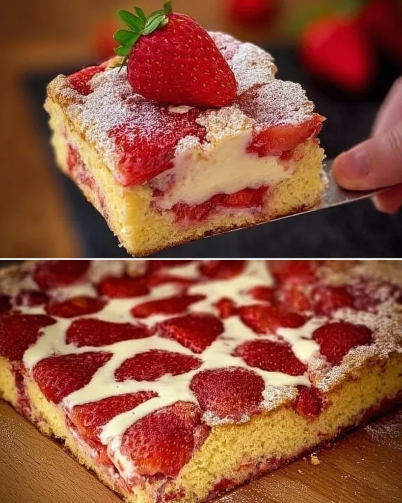 Erdbeer Biskuitkuchen mit frischen Erdbeeren auf einem weißen Teller