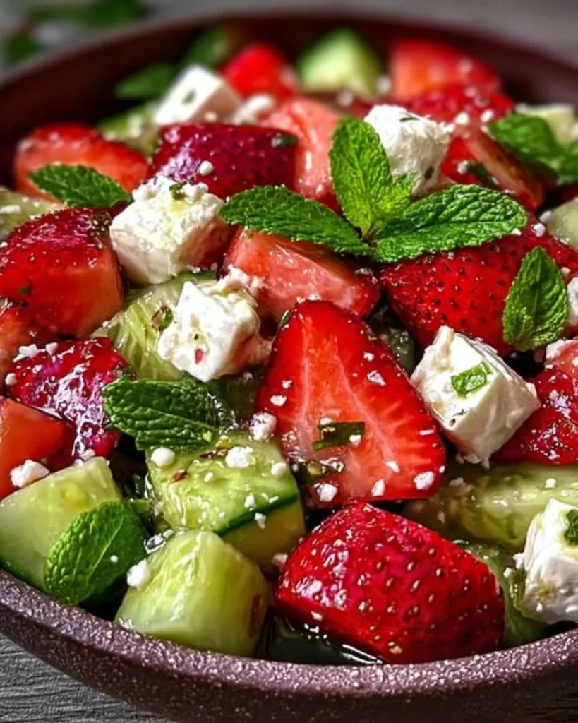Erdbeer-Gurken-Salat mit Minze und Feta auf einem servierfähigen Teller