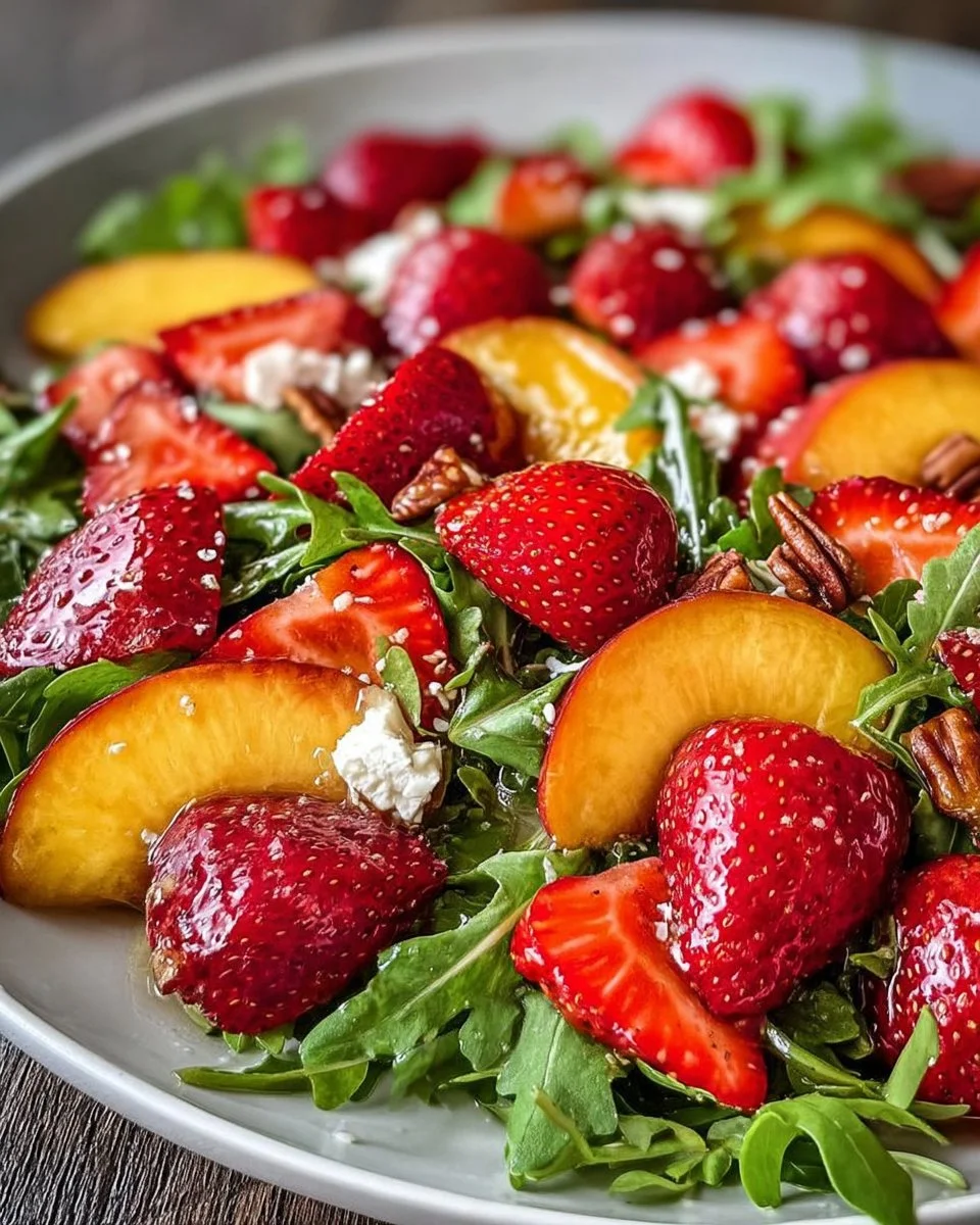 Erdbeer-Pfirsich-Salat mit einer Honig-Zitronen-Vinaigrette auf einem Teller