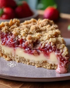 Erdbeer Streuselkuchen mit Vanillepudding auf einem Teller.