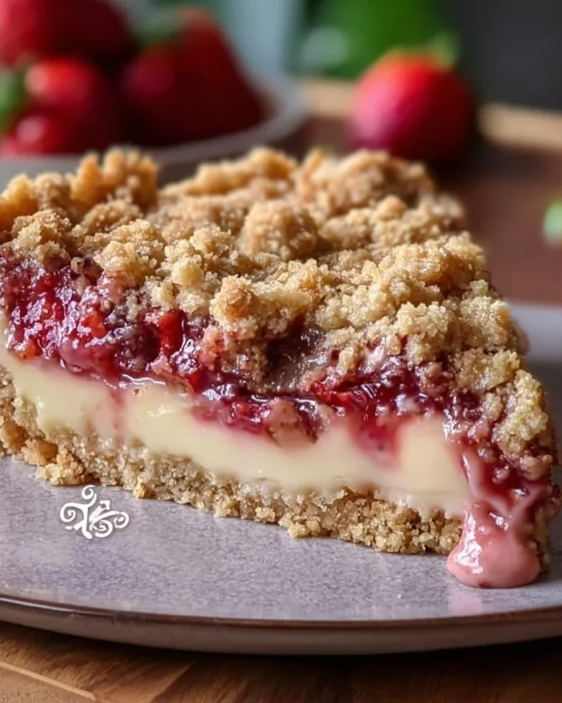 Erdbeer Streuselkuchen mit Vanillepudding auf einem Teller.