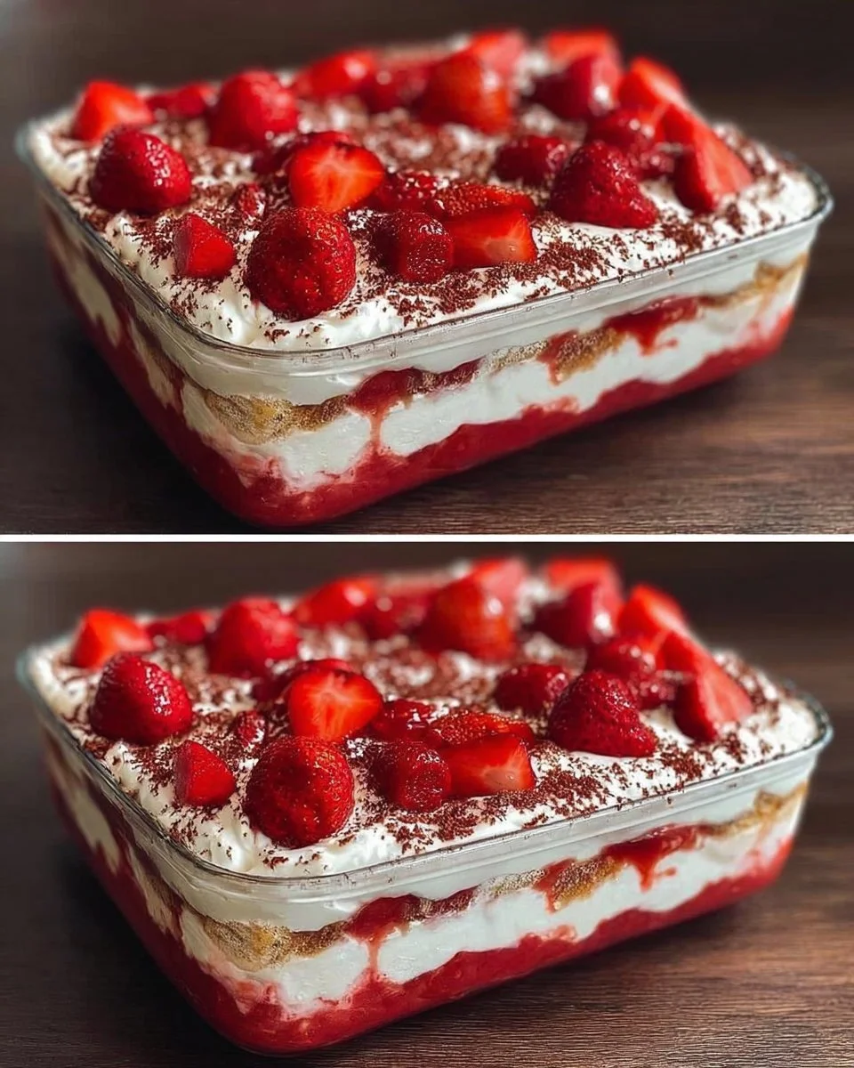 Leckeres Erdbeer-Tiramisu mit frischen Erdbeeren und cremiger Mascarpone-Schicht.