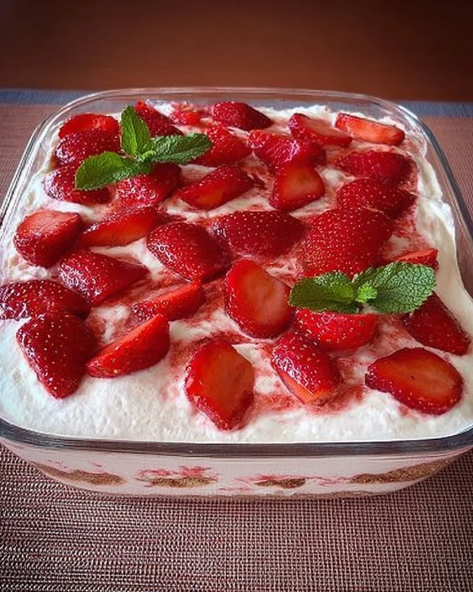 Ein köstliches Erdbeer-Tiramisu auf einem Teller, dekoriert mit frischen Erdbeeren.