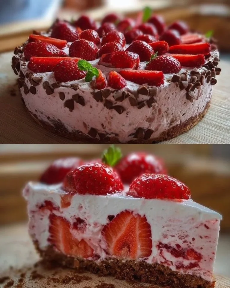 Erdbeer-Yogurette-Torte mit Nussboden, frisch dekoriert mit Erdbeeren