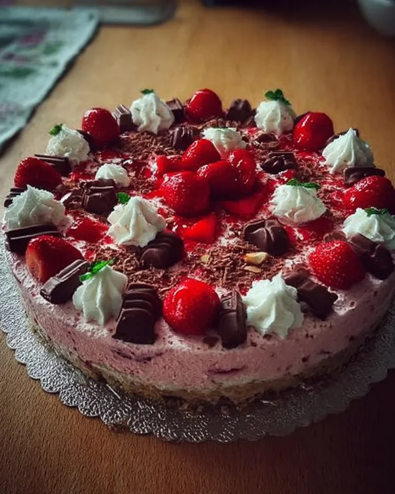 Erdbeer Yogurette Torte mit Nussboden auf einem schönen Teller serviert