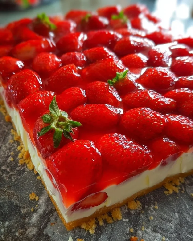 Erdbeerkuchen mit Schmand und Vanillecreme auf einem Teller