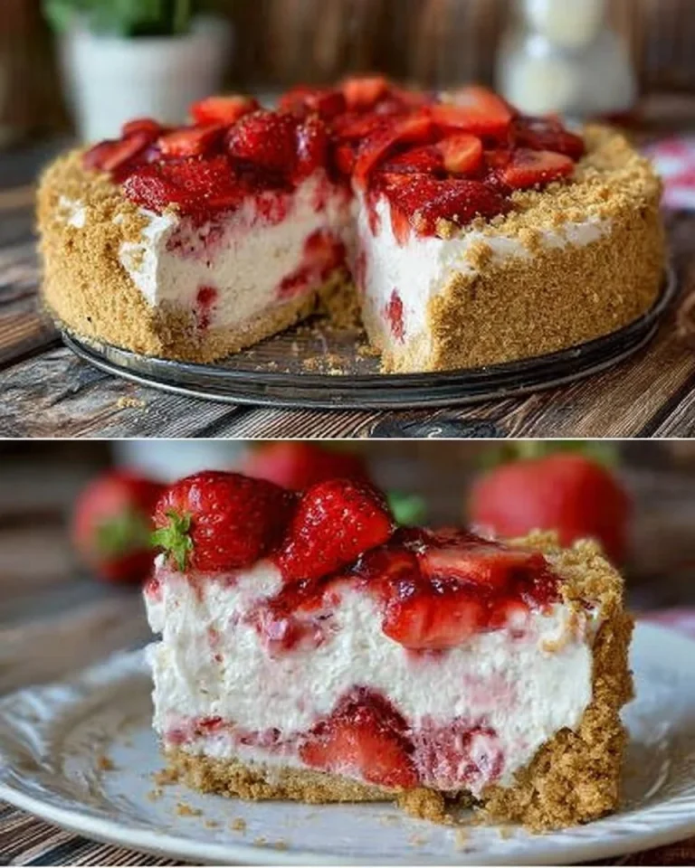 Leckerer Erdbeerkuchen ohne Backen auf einem Tisch serviert.