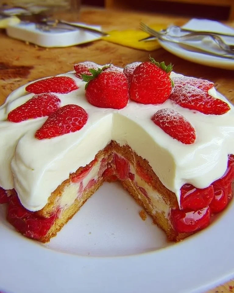 Deliziosa Erdbeertorte mit Quarkcreme auf einem schönen Teller serviert.
