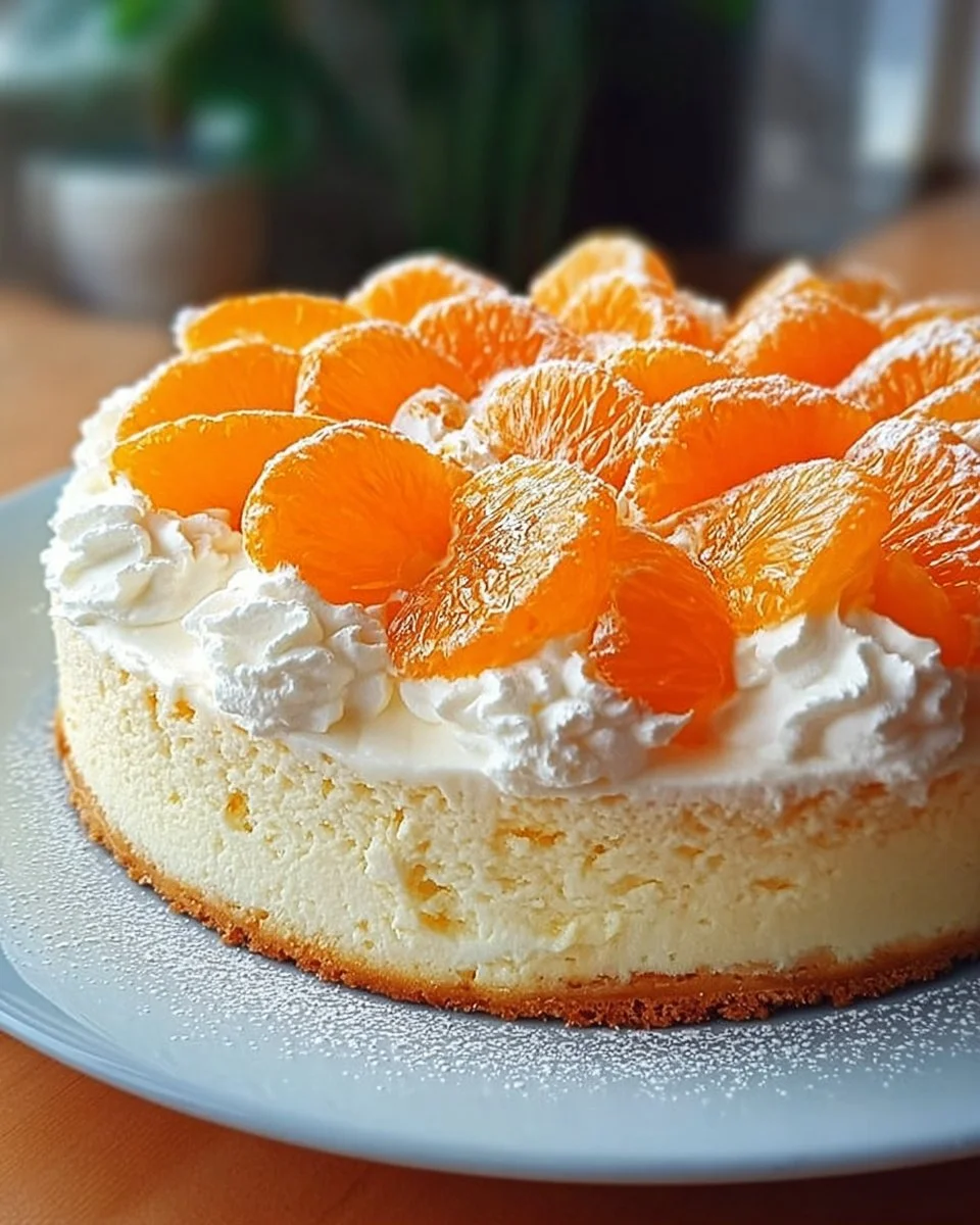 Fantakuchen mit Mandarinen und Vanillecreme auf einem weißen Teller