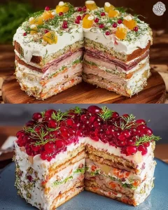 Festliche Sandwichtorte auf einem dekorativen Tisch