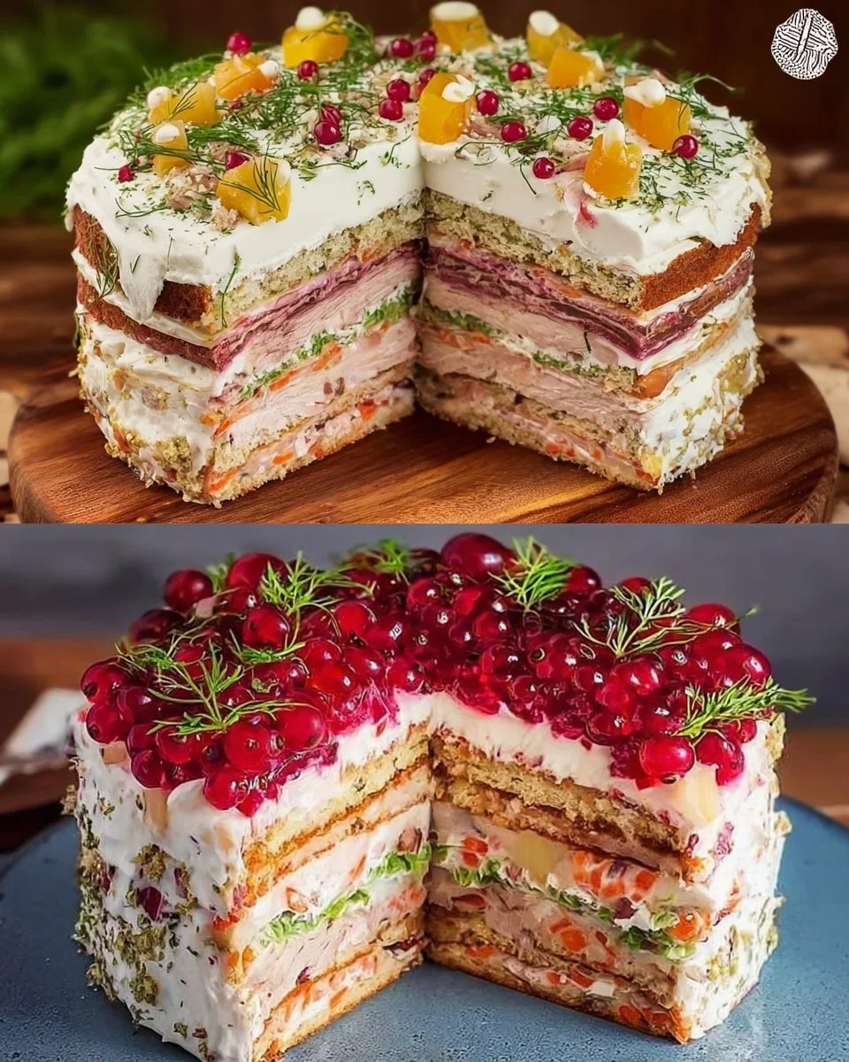 Festliche Sandwichtorte auf einem dekorativen Tisch
