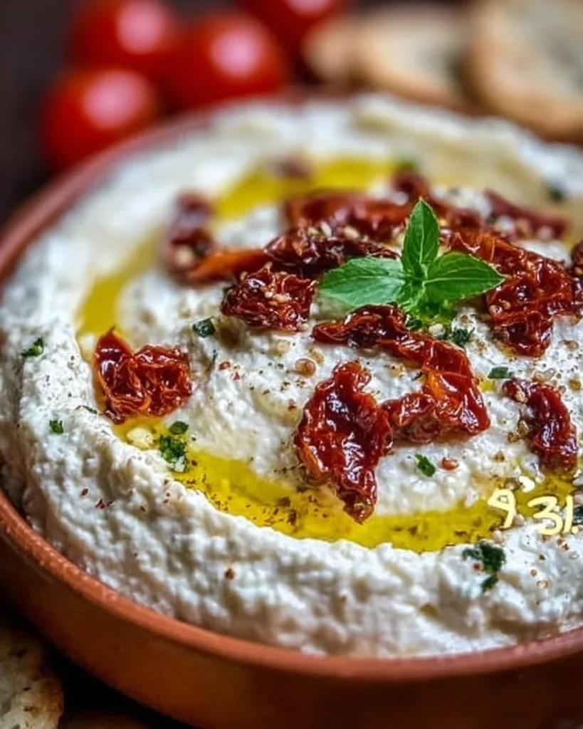 Feta-Garlic Spread mit sonnengetrockneten Tomaten auf einem rustikalen Holzbrett