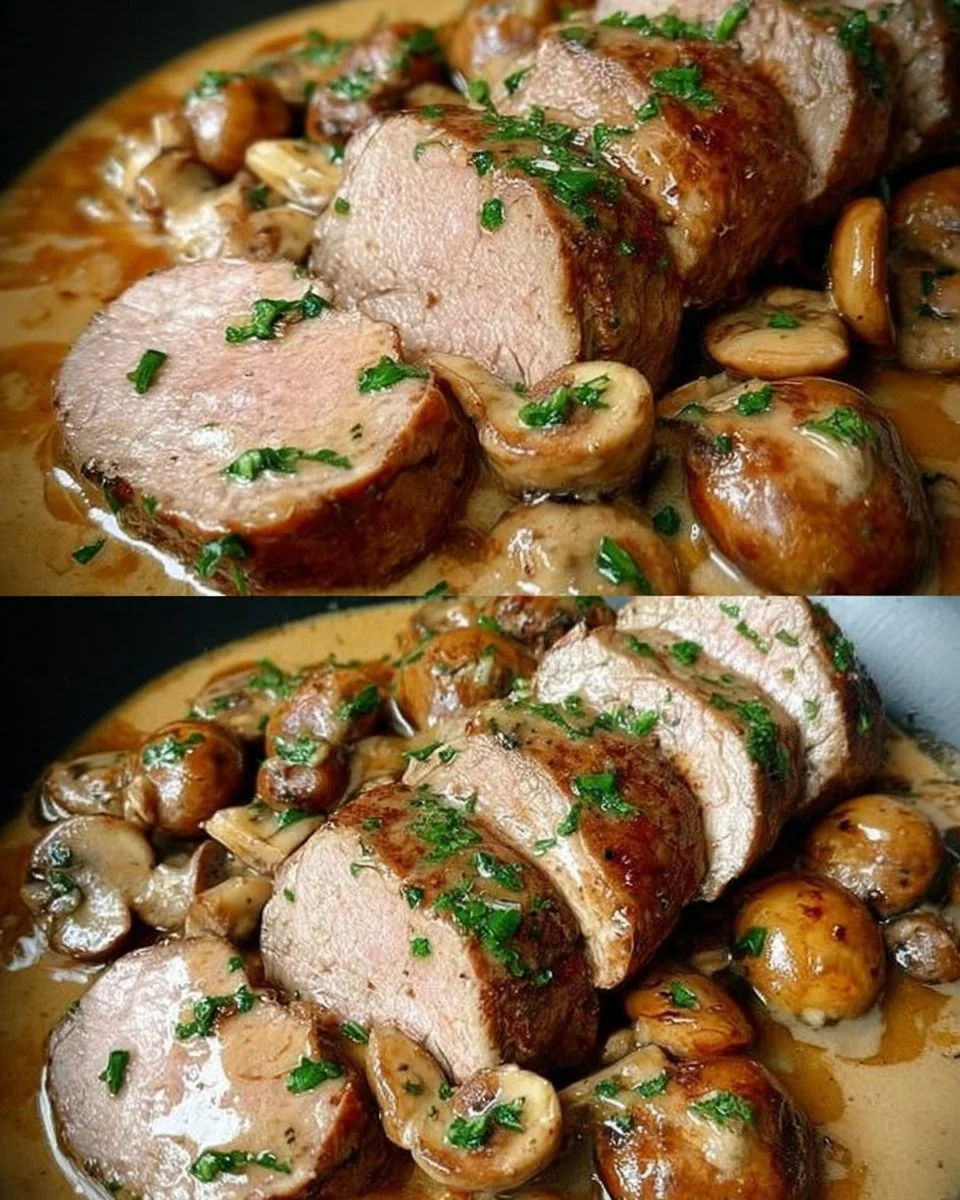 Leckere Filetpfanne mit Champignons in einer Pfanne zubereitet