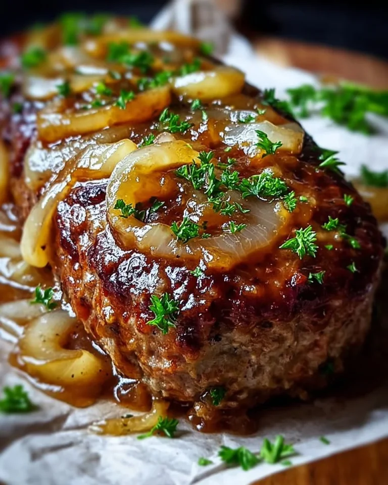Französischer Zwiebelhackbraten serviert mit Beilagen