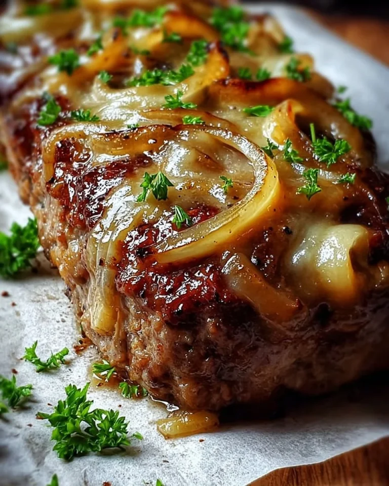 Französischer Zwiebelhackbraten mit Zwiebeln und Kräutern serviert