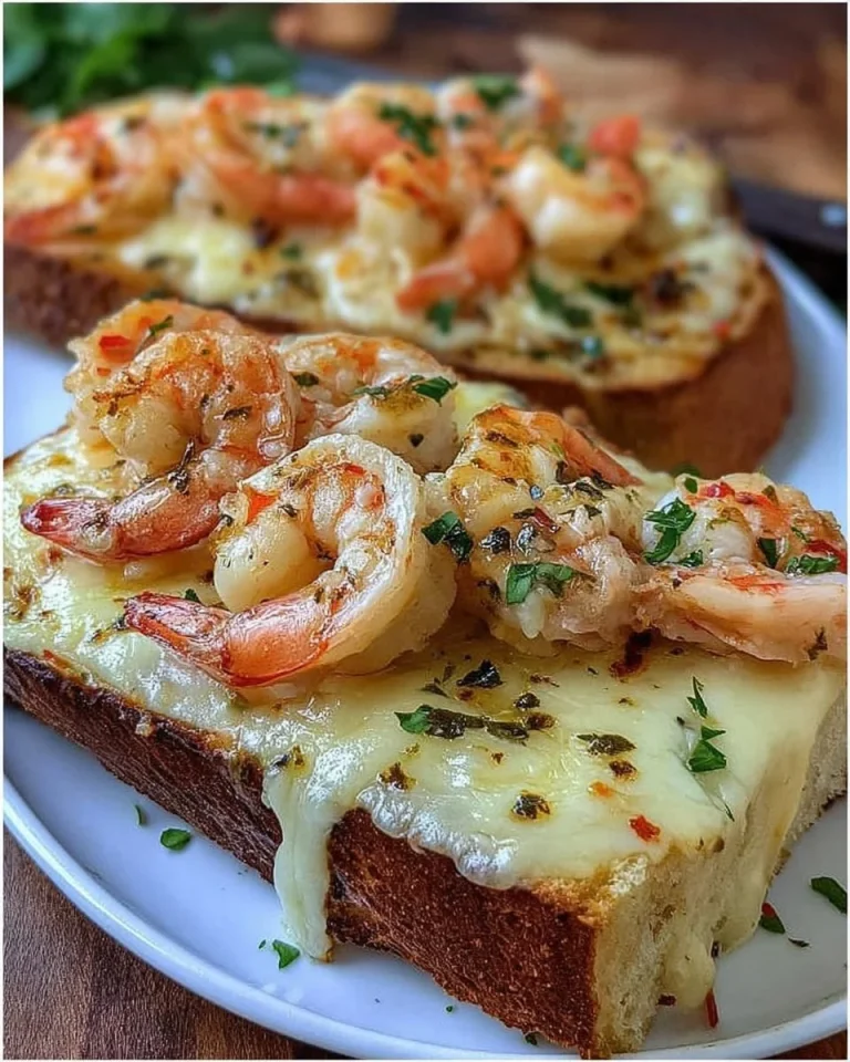 Delikates Garnelen-Käse-Brot mit frischen Zutaten und geschmolzenem Käse