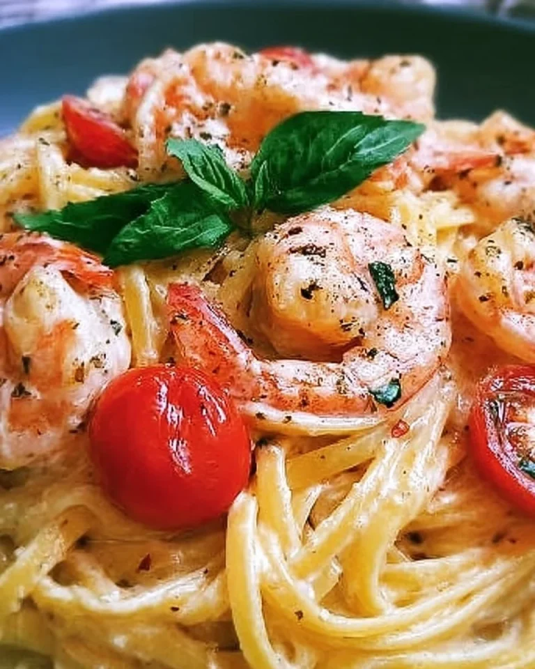 Garnelen-Spaghetti in Knoblauch-Frischkäsesauce auf einem Teller angerichtet