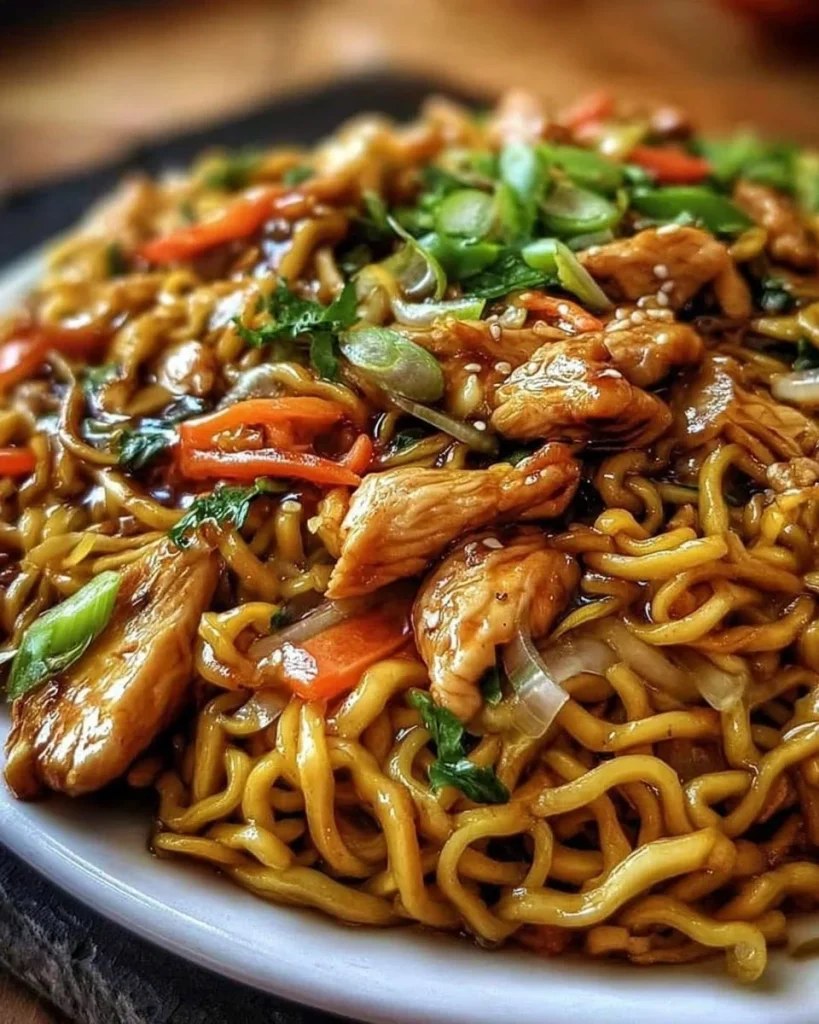 Gebratene Nudeln mit Hähnchenfleisch auf einem Teller serviert