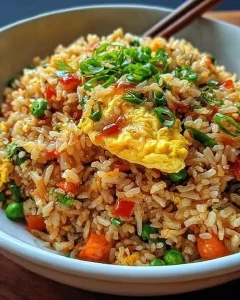 Gebratener Reis mit Ei und buntem Gemüse auf einem Teller