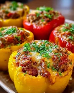 Gefüllte Paprika mit Hackfleisch auf einem Teller serviert.