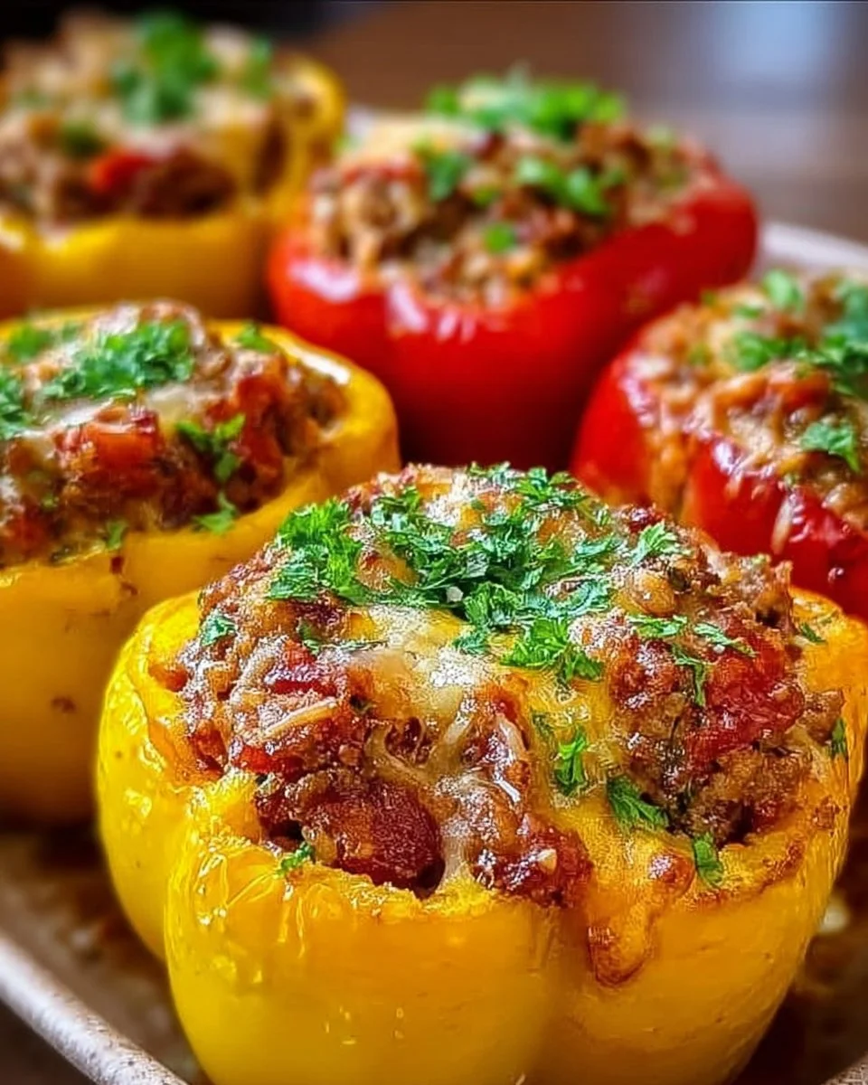 Gefüllte Paprika mit Hackfleisch auf einem Teller serviert.