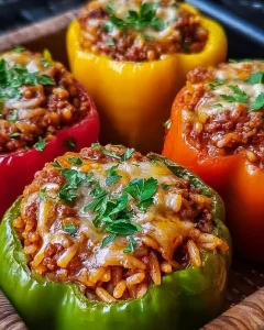 Gefüllte Paprika mit Hackfleisch und Reis auf einem Teller serviert