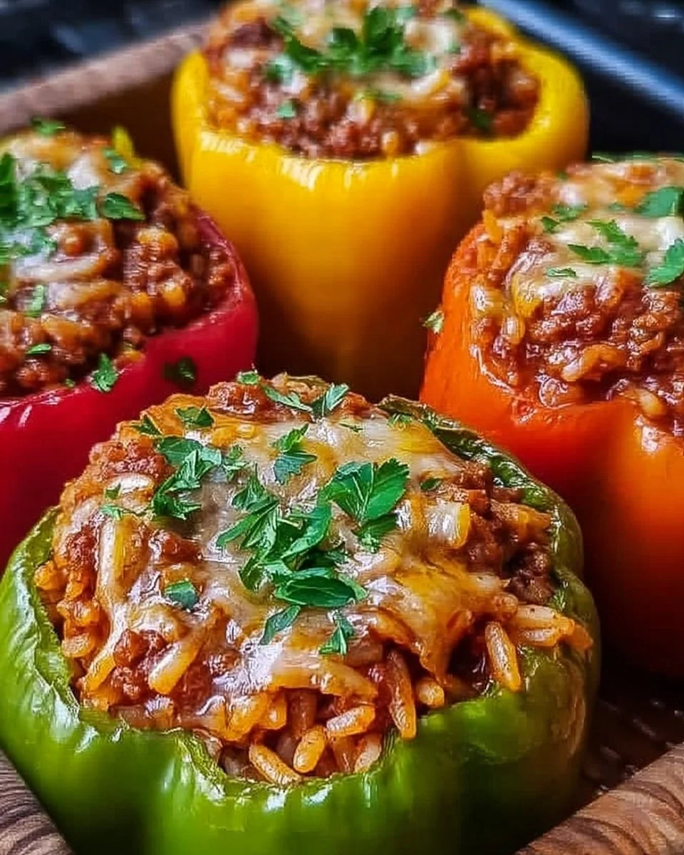 Gefüllte Paprika mit Hackfleisch und Reis auf einem Teller serviert
