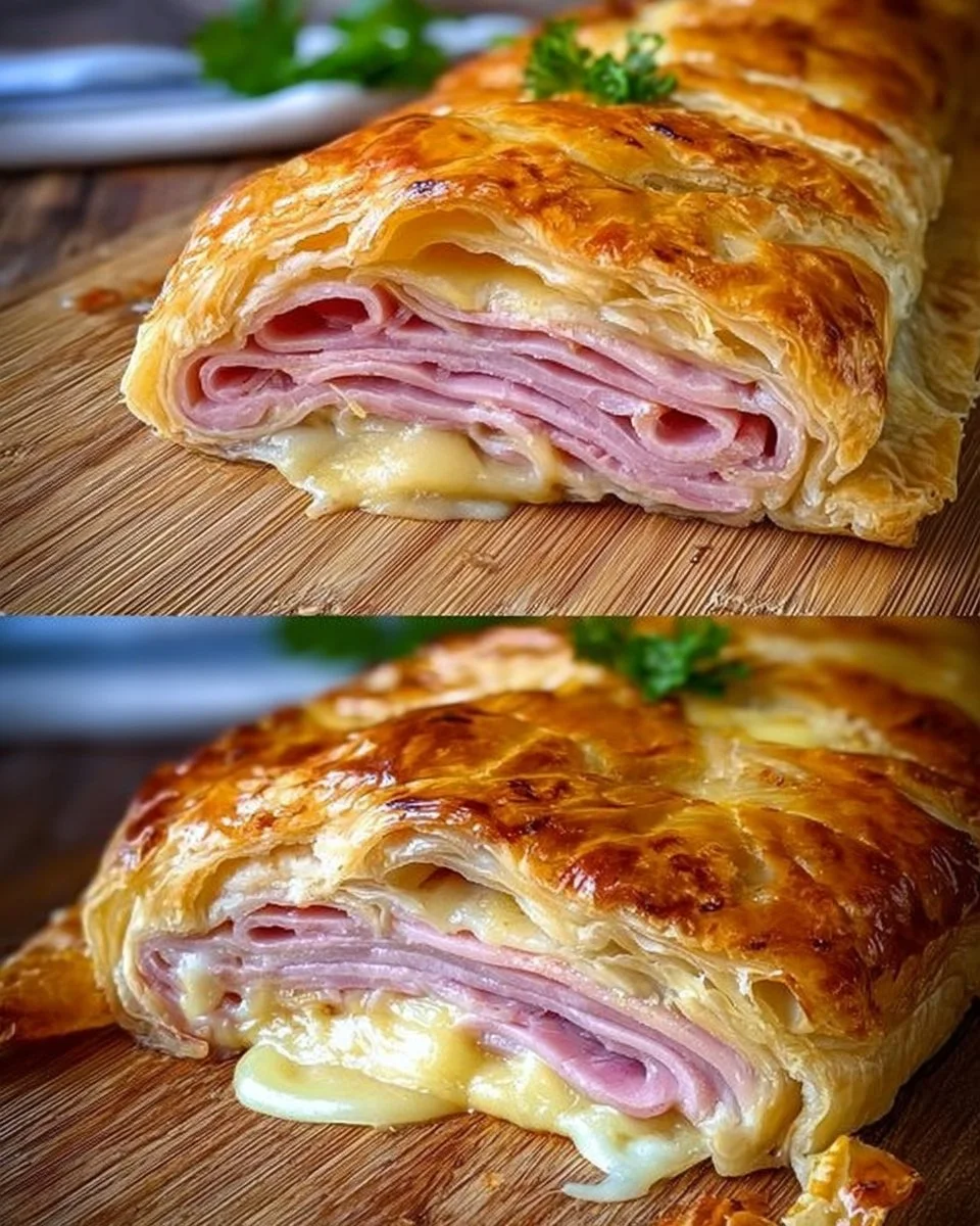 Gefüllter Blätterteigstrudel mit Schinken und Käse, frisch aus dem Ofen.