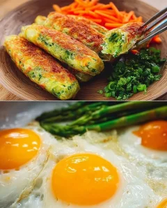 Leckere Gemüse-Eier-Sticks auf einem Teller angerichtet.