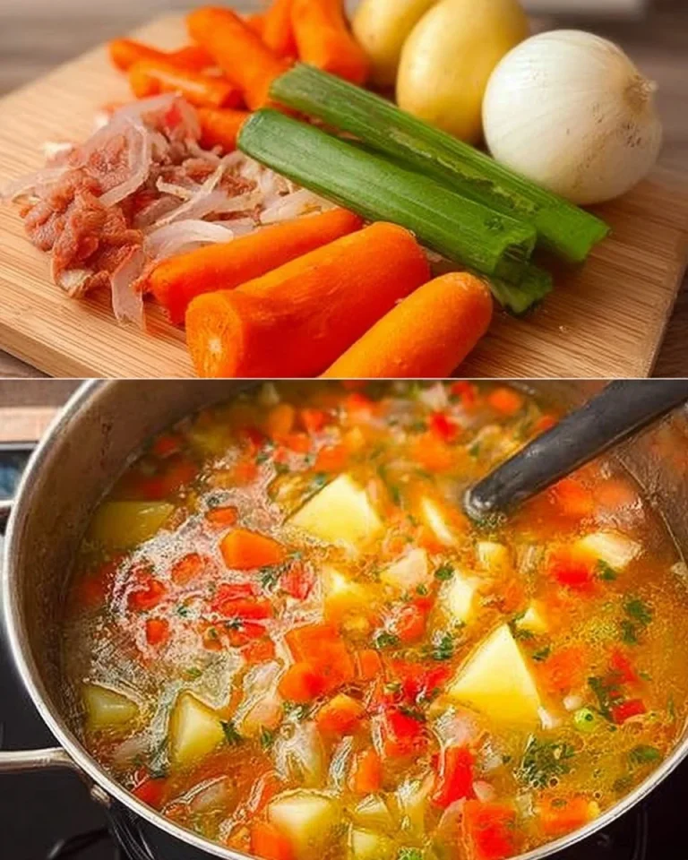 Eine Schüssel frischer, bunter Gemüsesuppe mit frischen Zutaten