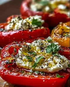 Geröstete Paprika mit Feta und Knoblauchöl auf einem Teller angerichtet.
