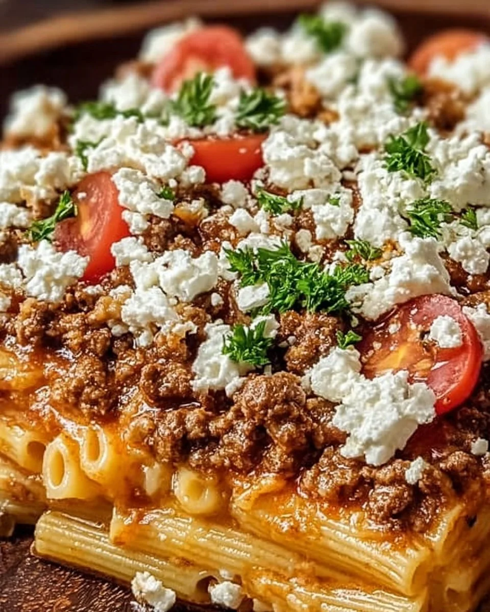 Griechischer Nudel-Auflauf mit Feta und Hackfleisch, lecker und herzhaft