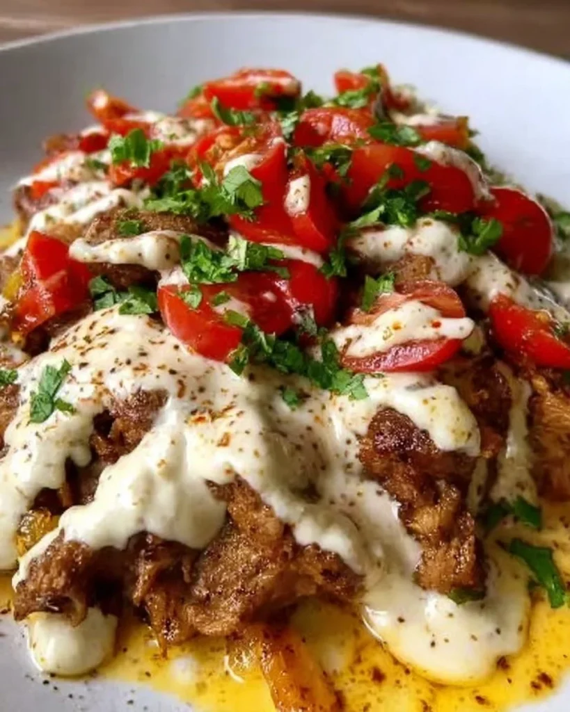 Leckerer Gyrosauflauf mit Knoblauch auf einem Teller serviert