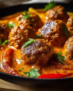 Hackbällchen in cremiger Paprikasoße serviert mit Beilagen