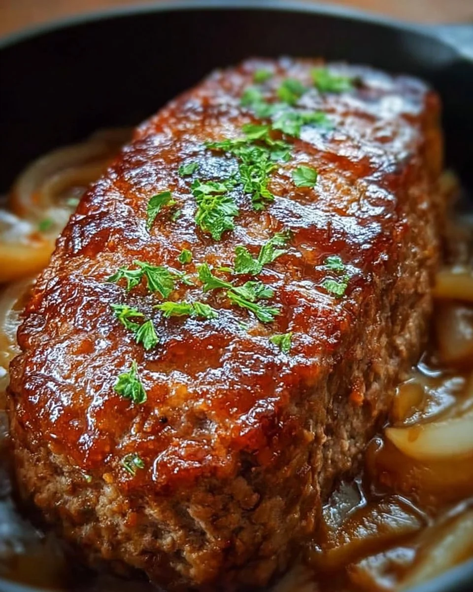 Rezept für supersaftigen Hackbraten auf einem Teller mit Beilagen