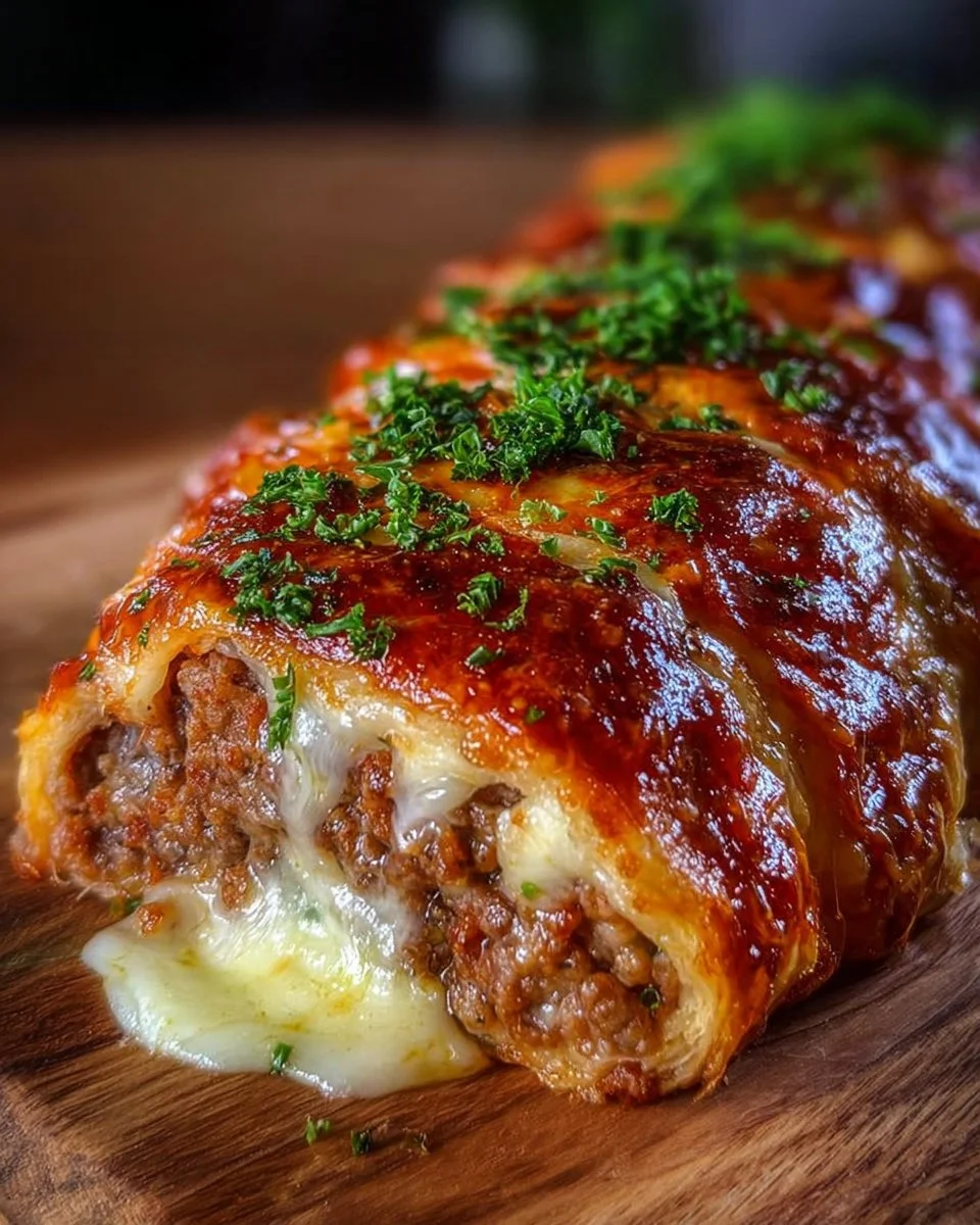 Leckere Hackfleisch-Käse-Rolle frisch aus dem Ofen serviert.