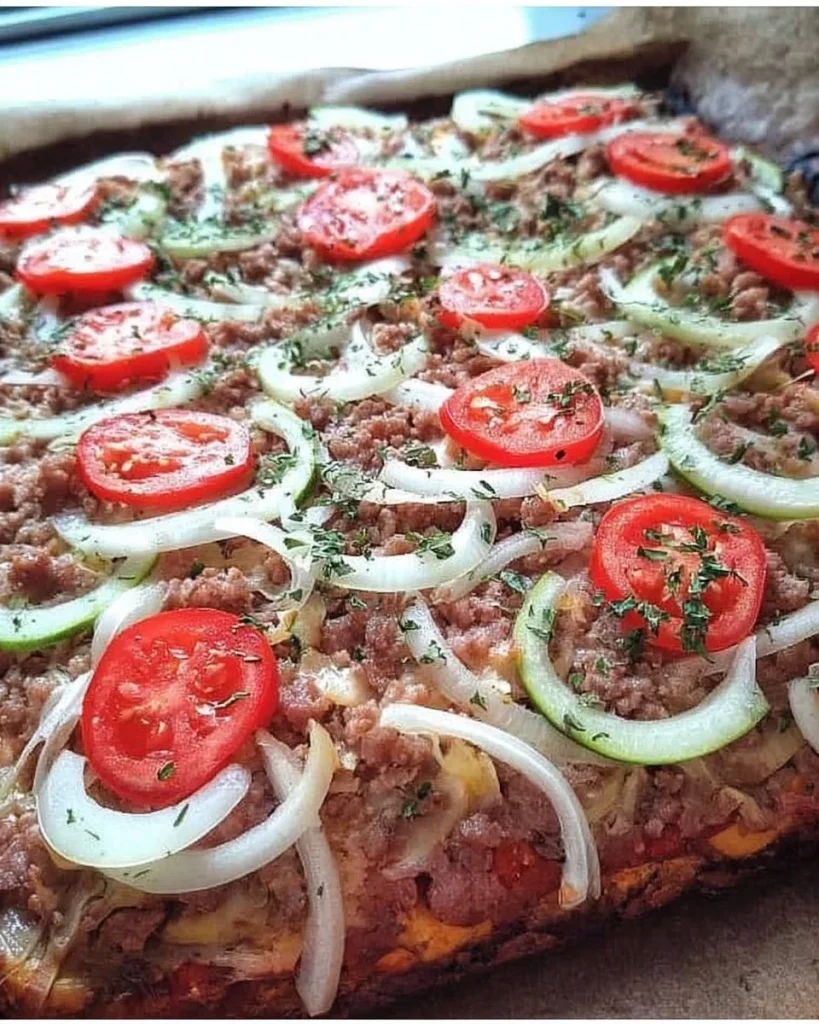 Leckere Hackfleischpizza frisch aus dem Ofen mit Käse und Zutaten