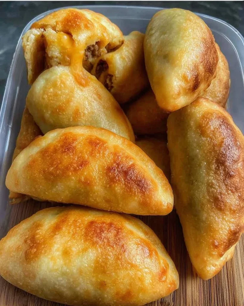 Leckere Hackfleischtaschen mit Käse gefüllt auf einem Teller angerichtet.