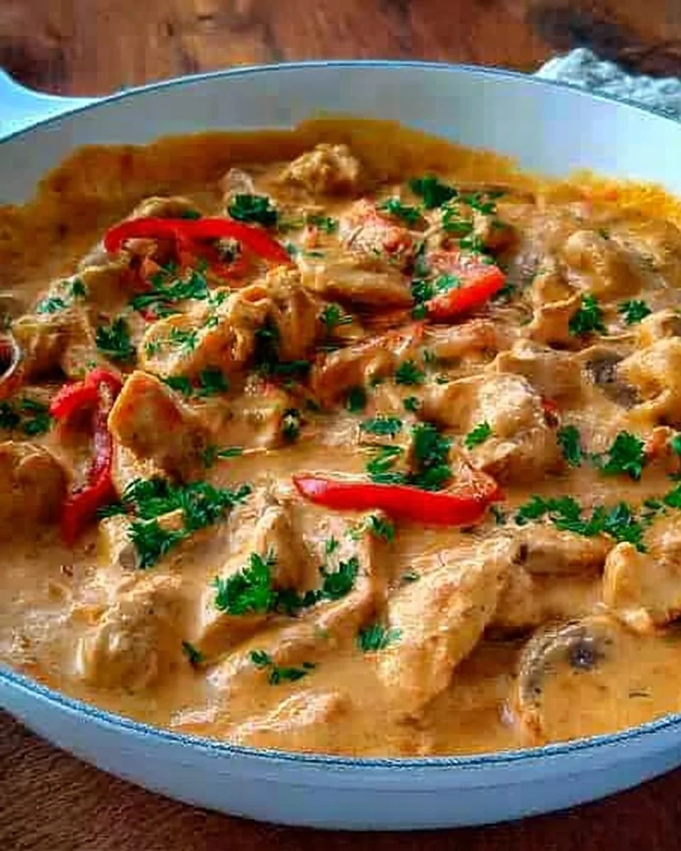 Schüssel mit Hähnchen Stroganoff, serviert mit Reis und frischen Kräutern