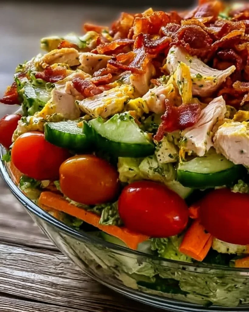 Ein bunter Holzfällersalat mit frischem Gemüse und Fleisch