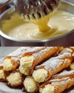 Italienische Cannoncini gefüllt mit cremiger Puddingcreme auf einem Teller.