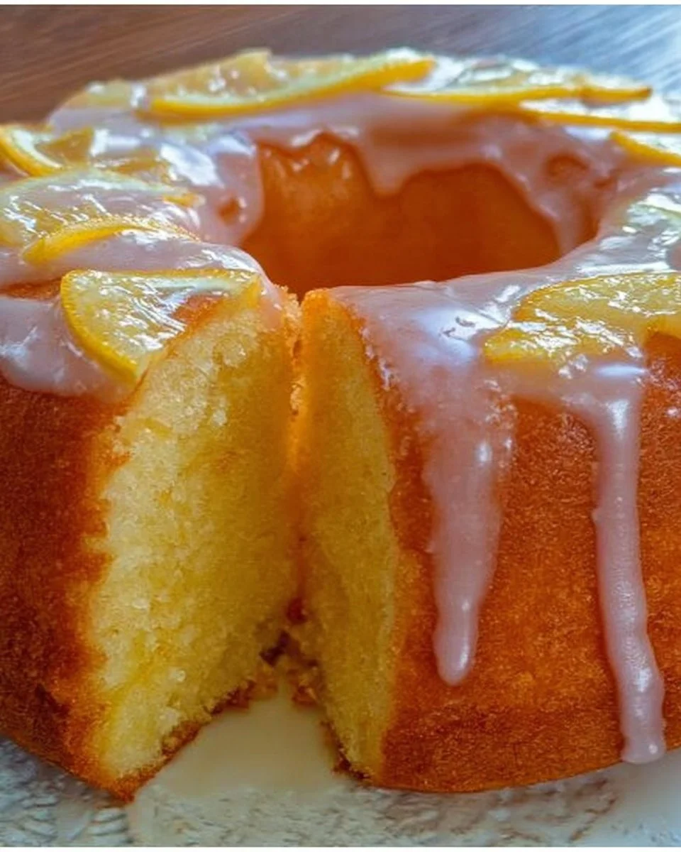 Saftiger Joghurt Zitronen Gugelhupf auf einem eleganten Teller.