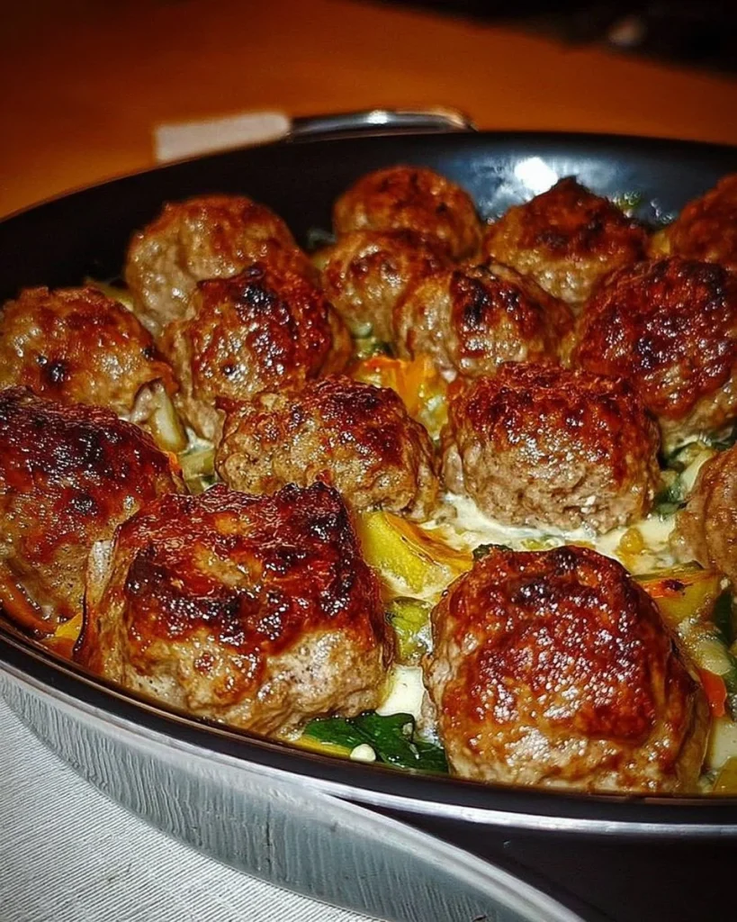 Kartoffelauflauf mit Lauch, Hackbällchen und Gorgonzola auf einem Teller serviert.