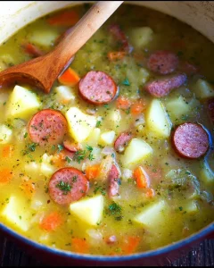Eine Schüssel Kartoffelsuppe mit Würstchen und frischem Gemüse