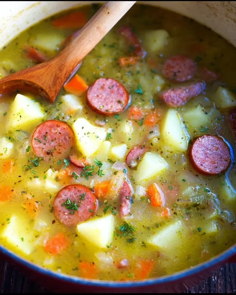 Eine Schüssel Kartoffelsuppe mit Würstchen und frischem Gemüse